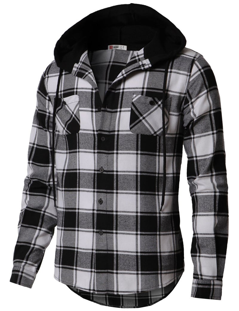 H2H Men's Casual Plaid Long Sleeve Button Down Shirt Hooded Shirts US L/Asia XL (CMOJA0105) - Image 3